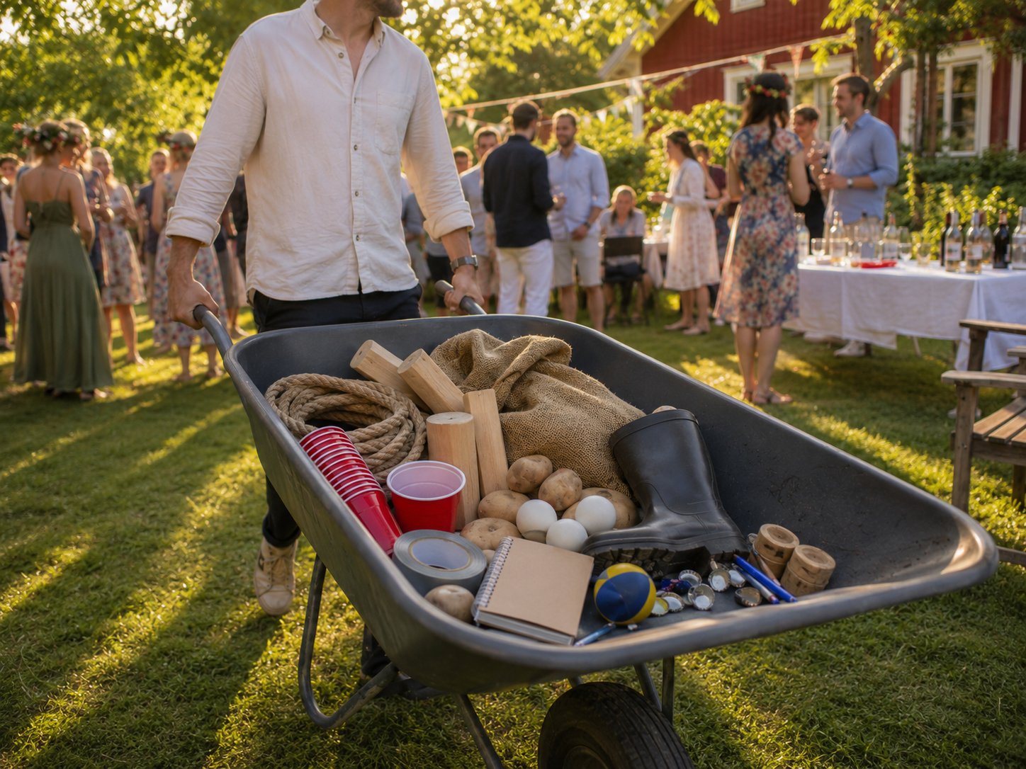 Vänner som leker utomhus en svensk sommarkväll